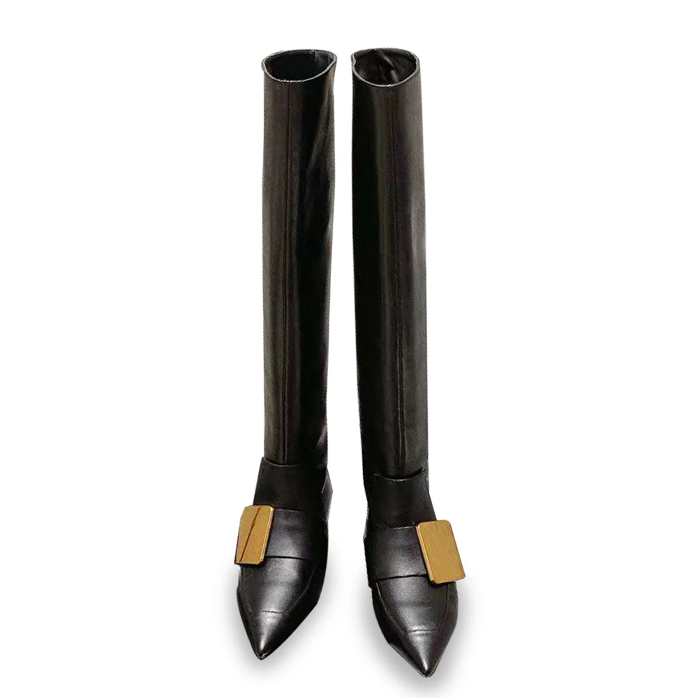 

Fashion Design Calfskin Leather Knee Boots Flat Heel Pointed Toe Autumn Winter Sexy Women Buckle Knight Long Booties