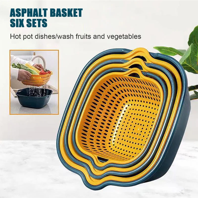 MOONBIFFY 6PCS/Set Double-Layer Multifunctional Drain Container Vegetable Washing Strainer Kitchen Fruit Clean Storage Basin images - 6