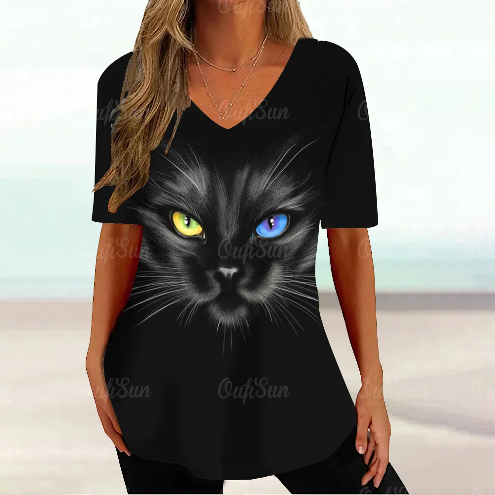 

Summer Women'S T Shirt 2023 Fashion Woman Clothing 3d Cute Cat Printed V-Neck Short Sleeve Tops Tees New Female Oversized Tshirt