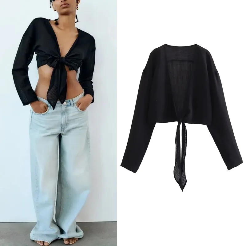 

TRAF Women Knotted Textured Blouse Black Vintage V Neck Long Sleeve Female Crop Shirts 2023 White Fashion New Short Tops