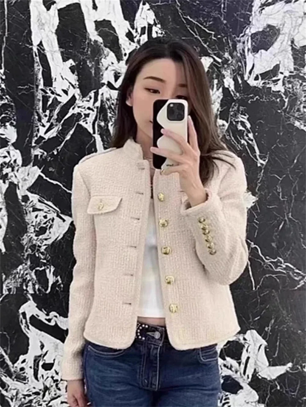 

Stand Collar Women's Coat Gold Buttons Tweed Temperament Long Sleeve Single Breasted Female Fashion Jacket 2023 Autumn