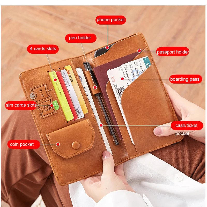 Long Passport Holder Cover Case for Women Men RFID Blocking Leather Family Travel Clutch Purse Phone Holder with Elastic Band