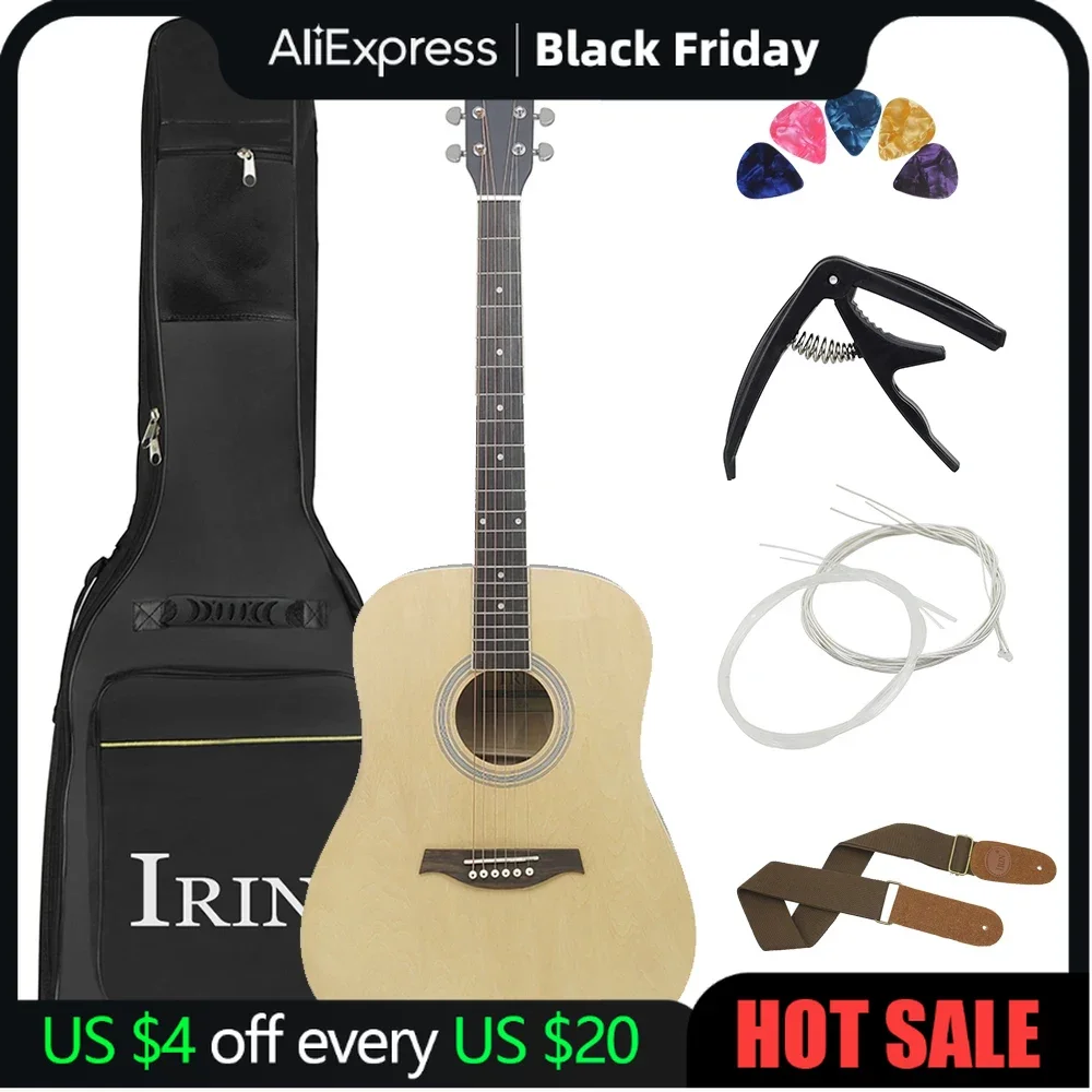 

6 Strings 21 Frets Acoustic Guitar 41 Inch Basswood Body Folk Guitarra with Bag Capo Strings Picks Guitar Parts & Accessories