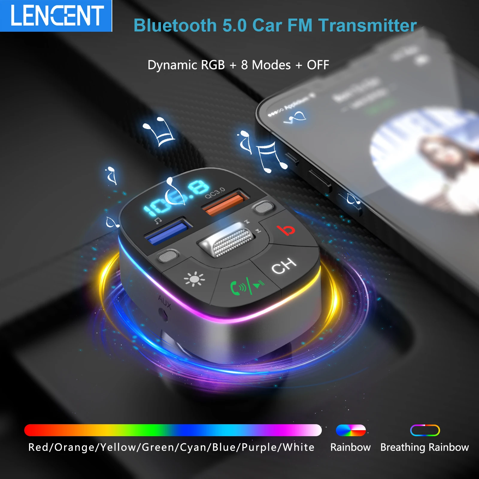 

LENCENT Bluetooth 5.0 FM Transmitter with 2 USB Ports QC3.0 Fast Car Charger Colorful Car Kit Mp3 Player Support Handsfree