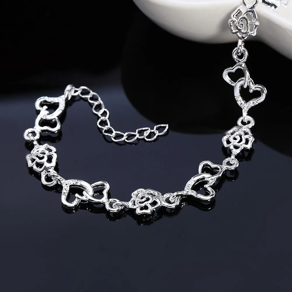 

925 Sterling Silver Bracelet 8 Inches Rose Heart Bracelet For Women Fashion Party Anniversary Gift Jewelry Free Shipping