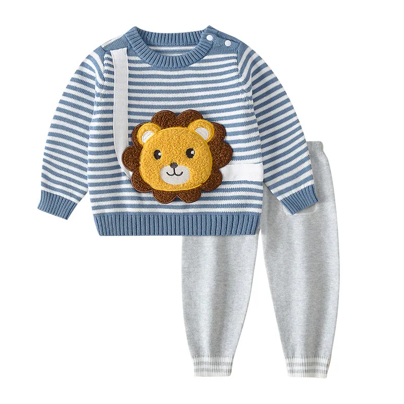 

2022 комплекты одежды для маленьких мальчиков и девочек, одежда для новорожденных из мультфильмов, топ + штаны, вязаный свитер, Детские пижамн...