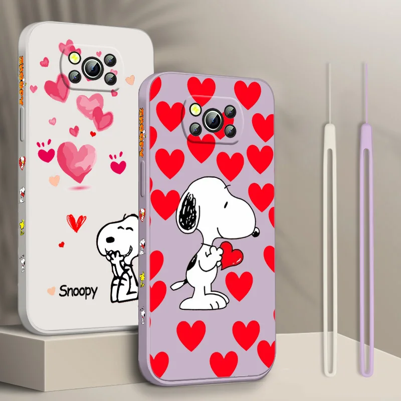 

Cute Snoopy Love Phone Case For Xiaomi POCO F3 X4 X3 NFC GT X2 C31 C3 M2 M3 M4 Pro Liquid Left Rope Funda Cover