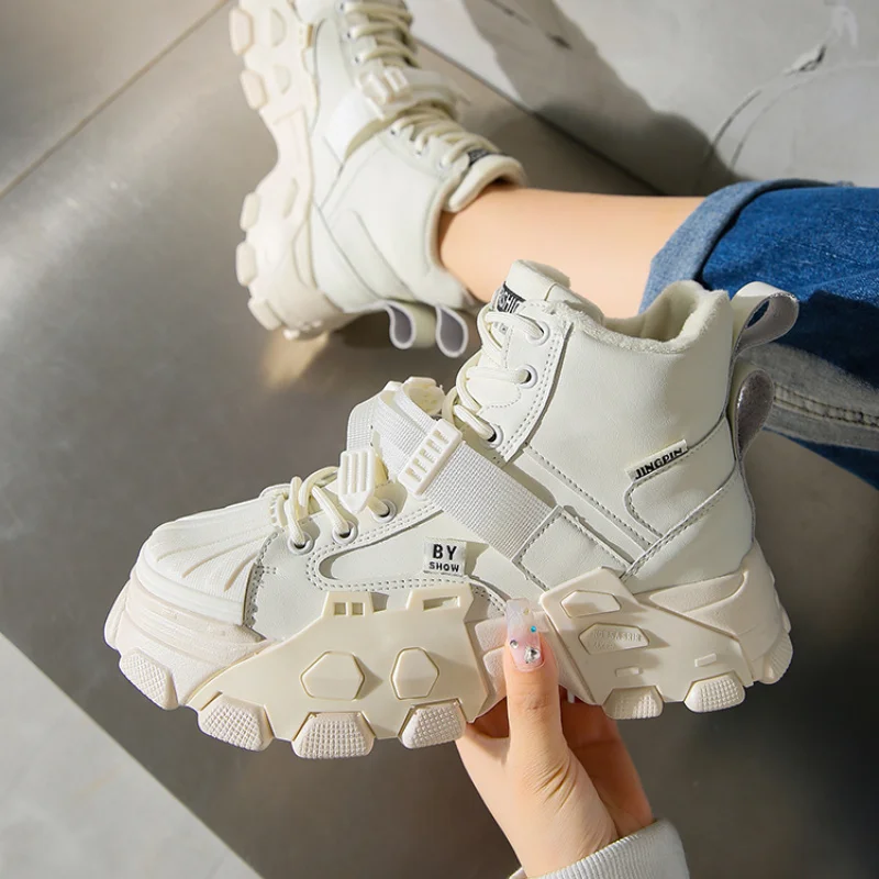 

Luxury Design Ladies Platform Boots Black White Buckle Women Chunky Boots 2023 High Top Women's Warm Plush Casual Shoes with Fur
