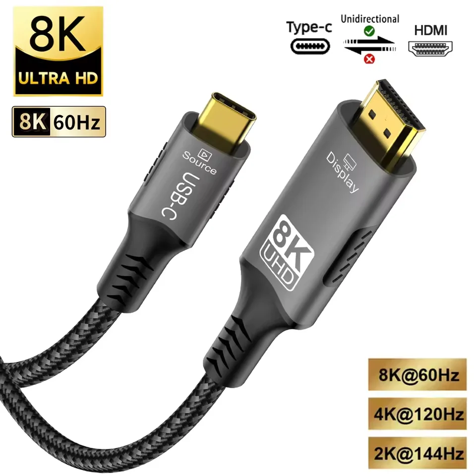 Фото 8K@60 Гц USB C-HDMI-совместимый кабель 4K@120 Гц Тип C-HDMI 2.1 Шнур для ТВ-конвертера Thunderbolt 3/4 MacBook, iPad, Samsung №1