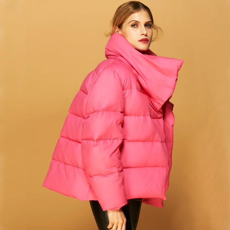 Pink Down Jackets Women Winter 2022 Short Bread Irregular Design Feeling Thick Fashion Large Size White Duck Down Coats Female