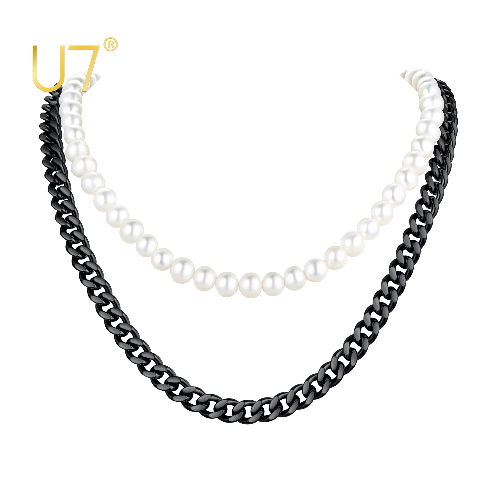 

U7 Layer Stainless Steel Cuban Link Chain Pearl Necklaces Set for Men Women Fashion Hip Hop Statement Jewelry