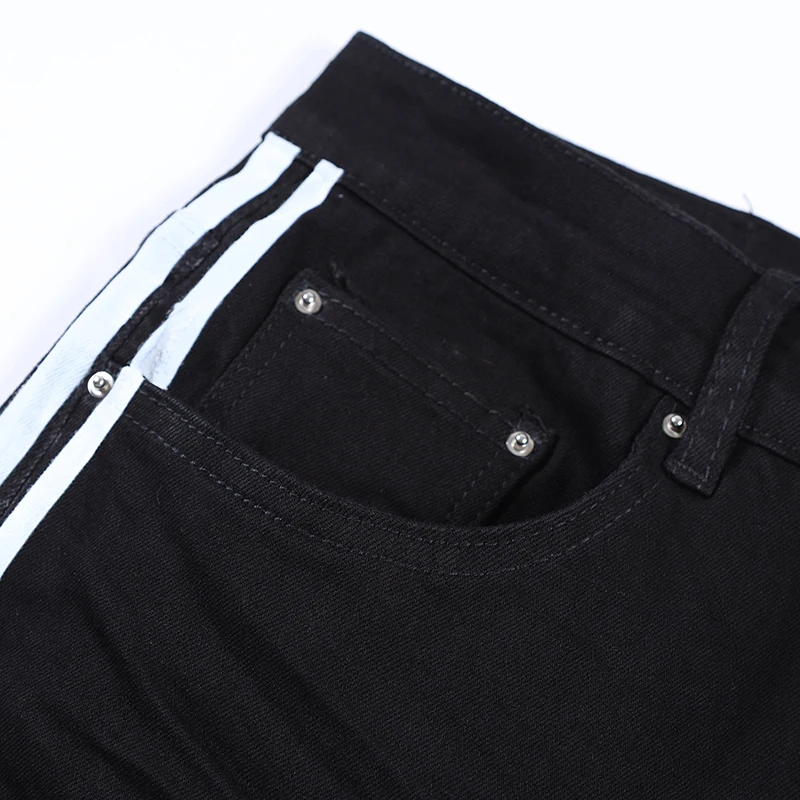 AM Korean Designer Men's Jeans High Street Black Straight Barrel White Edge Stripes Pants Spring Fashion Skinny Denim Trousers
