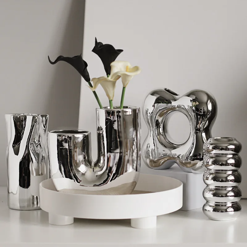 

Nordic Home Decor Electroplating Silver Ceramic Vase Crafts Home Living Room Decoration for Girls Bedroom Christmas Gift Ideas