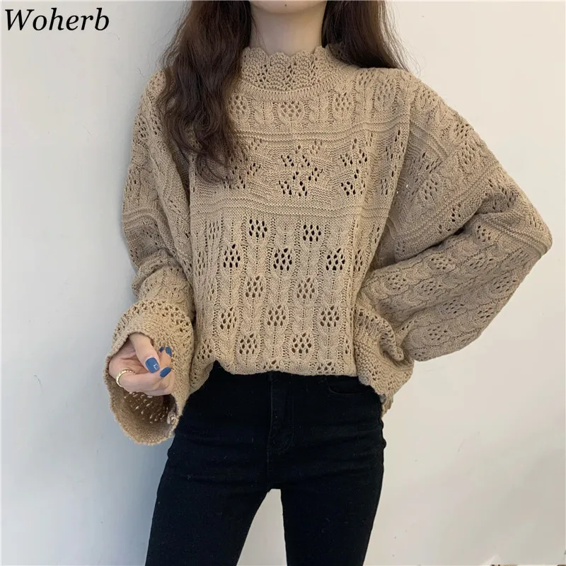 Свитер Женский вязаный Woherb с воротником-хомутом свободный винтажный 4e995 2021 |