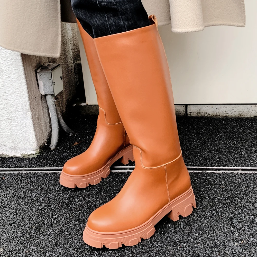 

2022 Fashion Leather Platform Shoes Women Fall Winter Knee High Boots Chunky Heels Ladies Cowboy Boots Low Heels Black White