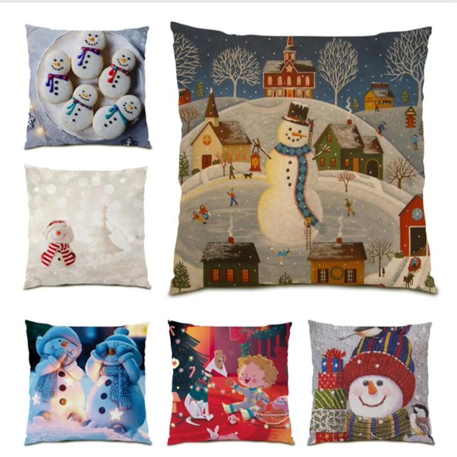 

Polyester Linen Pillow Cover cartoon snowman Decoration Home Cushion Cover 45x45 Cartoon Living Room Decoration Velvet E0202