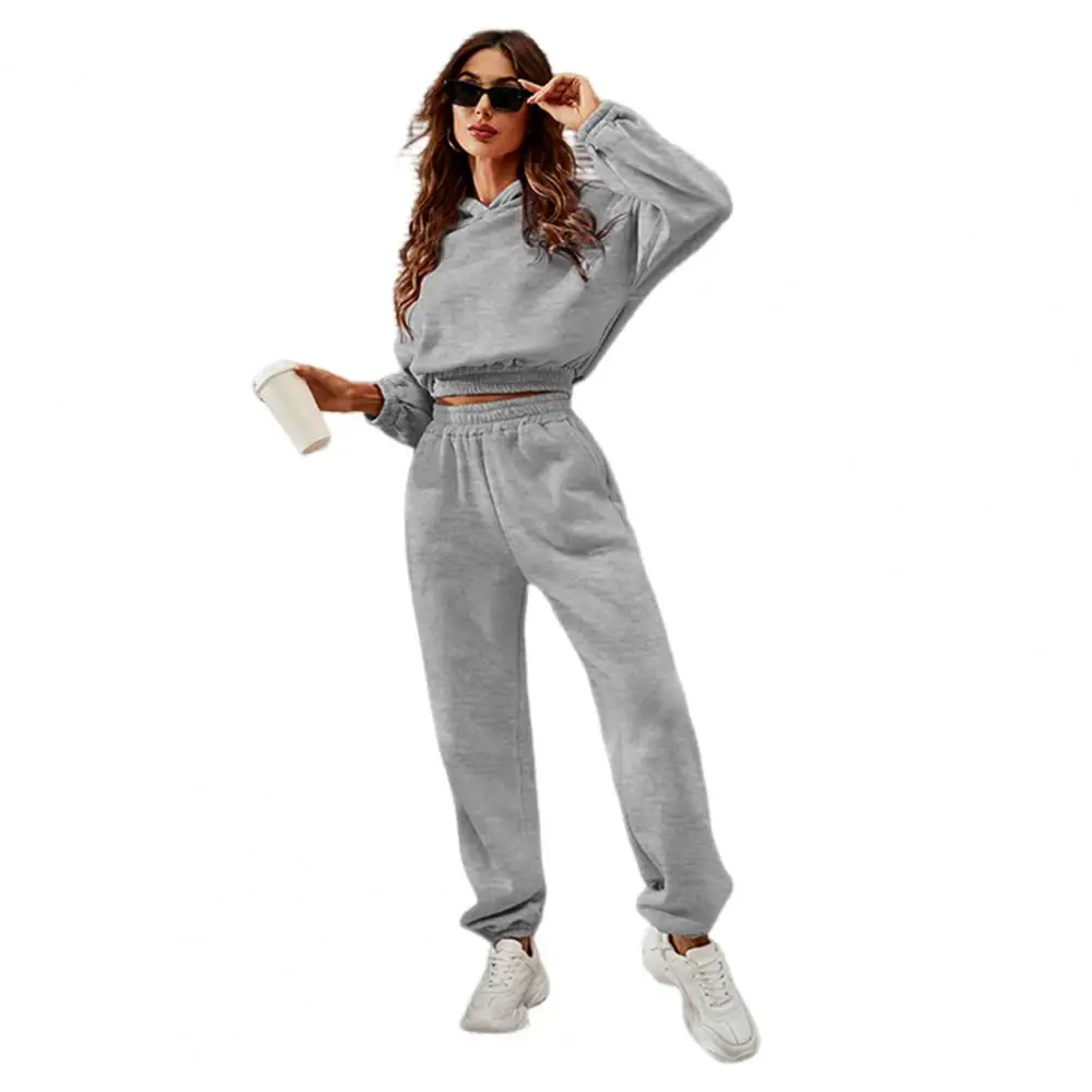 

2Pcs/Set Tracksuits Women's Warm Hoodie Long Sleeve Elastic Waist Casual Outfit Women Autumn Winter Cropped Sweatshirt Pants Set