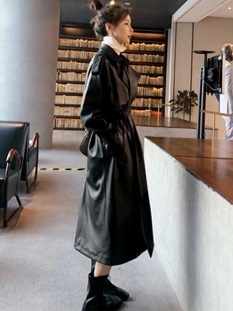 Nerazzurri Spring Black Oversized Long Waterproof Leather Trench Coat for Women Long Sleeve Loose Korean Fashion Clothing leathe