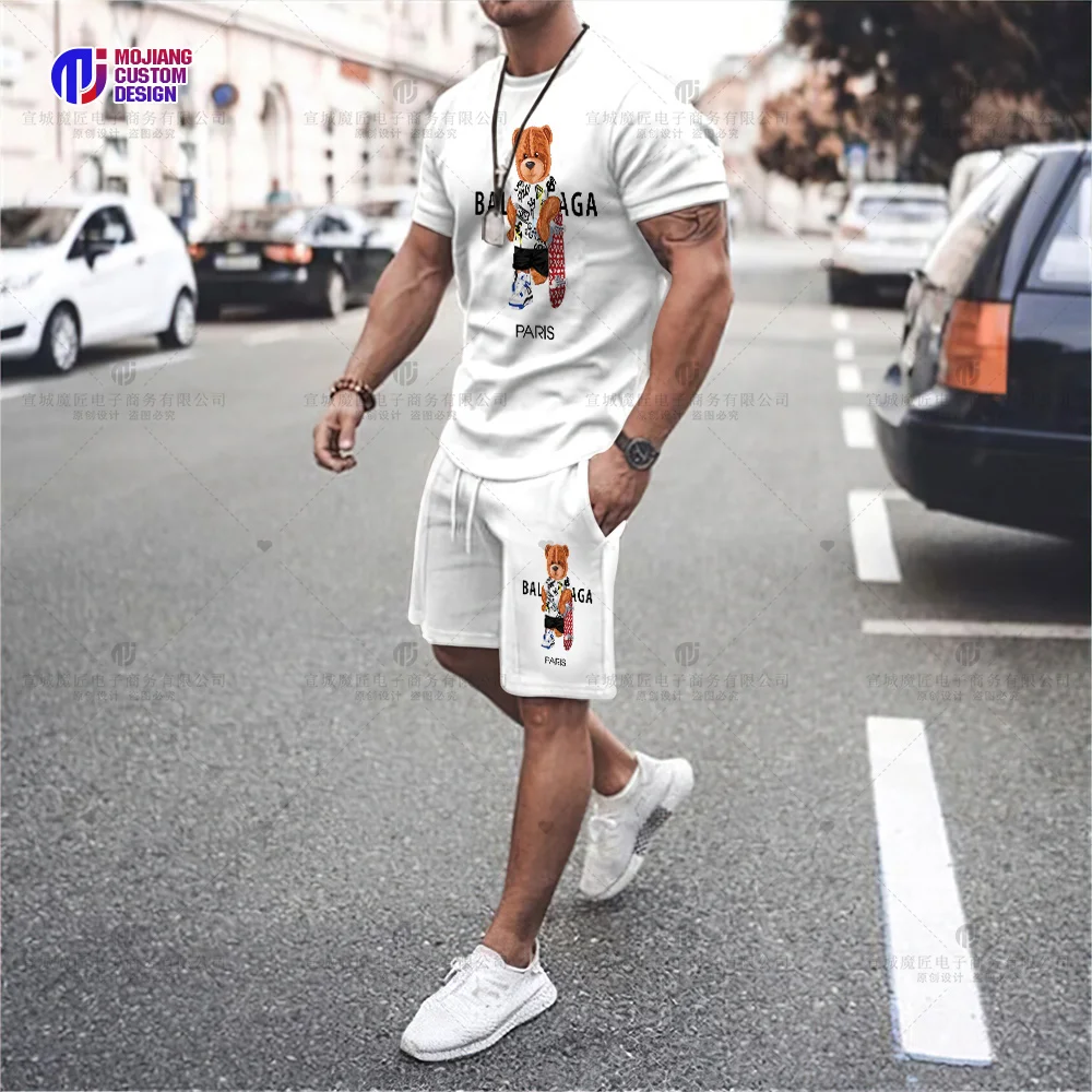 Oversized 3D Printing T-shirt Bear Print Pattern T-shirt Set Fashion Luxury Designer Round Neck Short Sleeve Top Summer Shorts