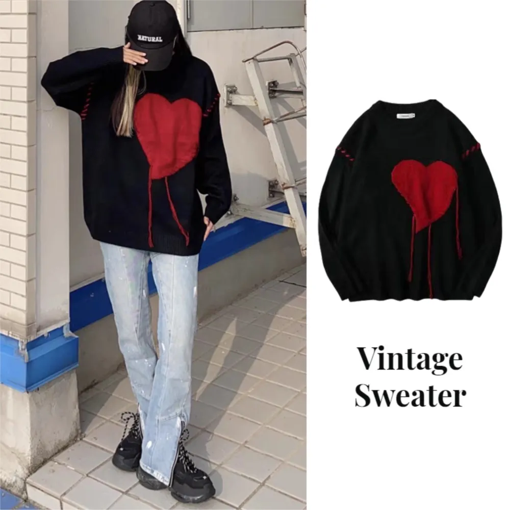 

Harajuku Love Pattern Trend Knitted Sweater Men Letter Punk Hip Hop Rock Black Red Gothic Vintage Sweater Women Cute Pullover