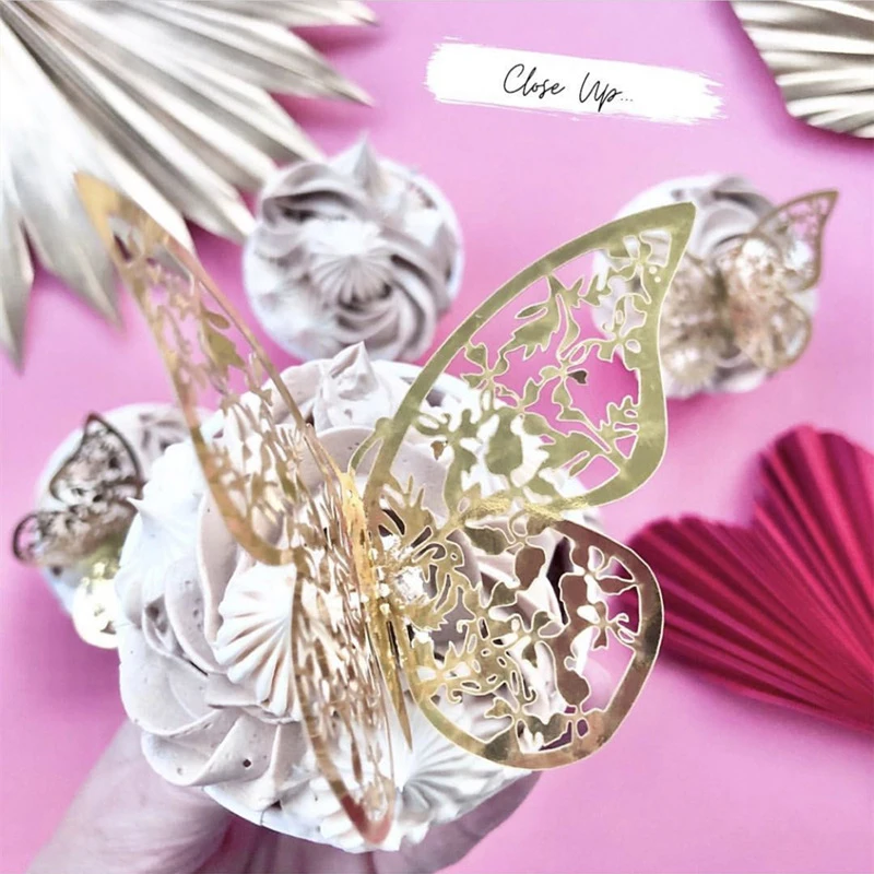 

12Pcs Paper Texture Gold Artificial Butterfly Cake Topper Cake Decorations Paper Gold Double Sided Cake Decorating Insert Card