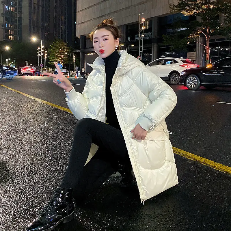 2023 Mid-length Glossy Women's Padded Coat Commute Dignified Hooded Loose Thick Warm Parkas Wild Bread Clothes Women's Clothing