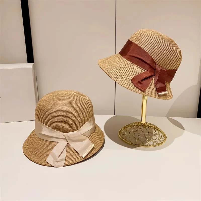 

202306-shi ins summer japan grace small brim bowknot Daily use grass leisure lady bucket cap women fishermen hat