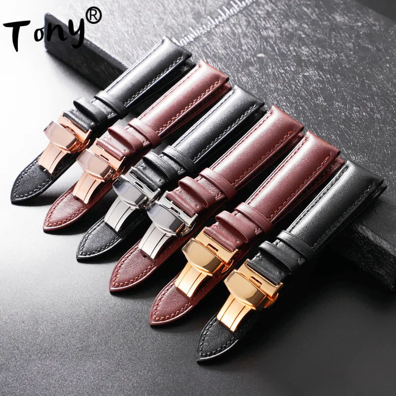 Wholesale 10PCS/Lot 18MM 20MM 22MM 24MM Watch Band Watch Strap Genuine Cow Leather Black Brown Color Butterfly Clasp New
