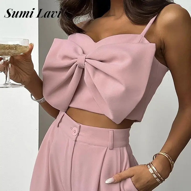 

Sexy Backless High Waist Straight Pants Two Piece Set Fashion Sling Bow Tops And Trouser Suit Summer Women Solid Two Piece Set