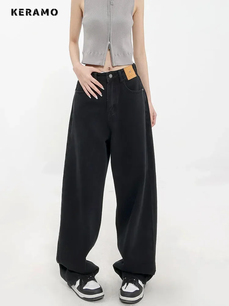 

Весенние Черные Мешковатые прямые джинсы, женские широкие джинсовые брюки оверсайз с высокой талией, женские свободные джинсовые брюки