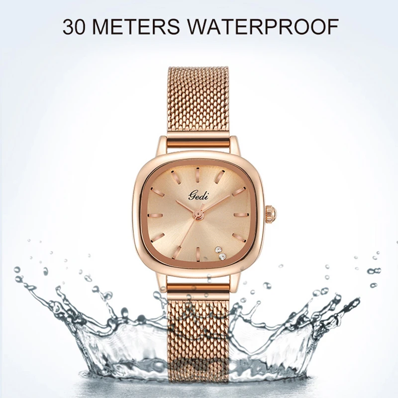 GEDI Luxury Rose Gold Square Women Watches Fashion Milanese Steel Strap Waterproof Analog Quartz Wrist Watch for Ladies Clock