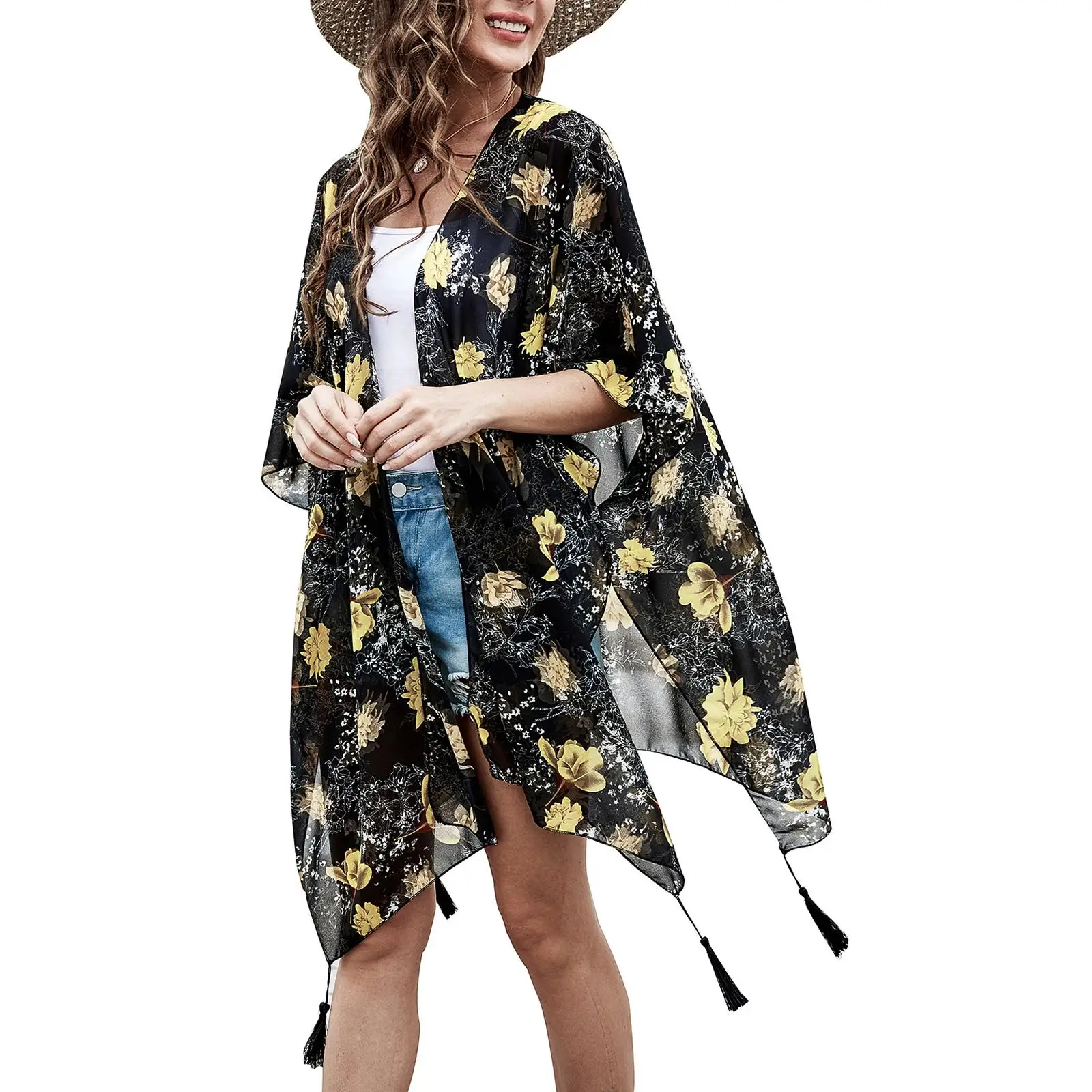 

Women's Ladies Summer Floral Print Kimonos Loose Chiffon Cardigan Blouses Casual Cover Up Holiday Beachwear Top