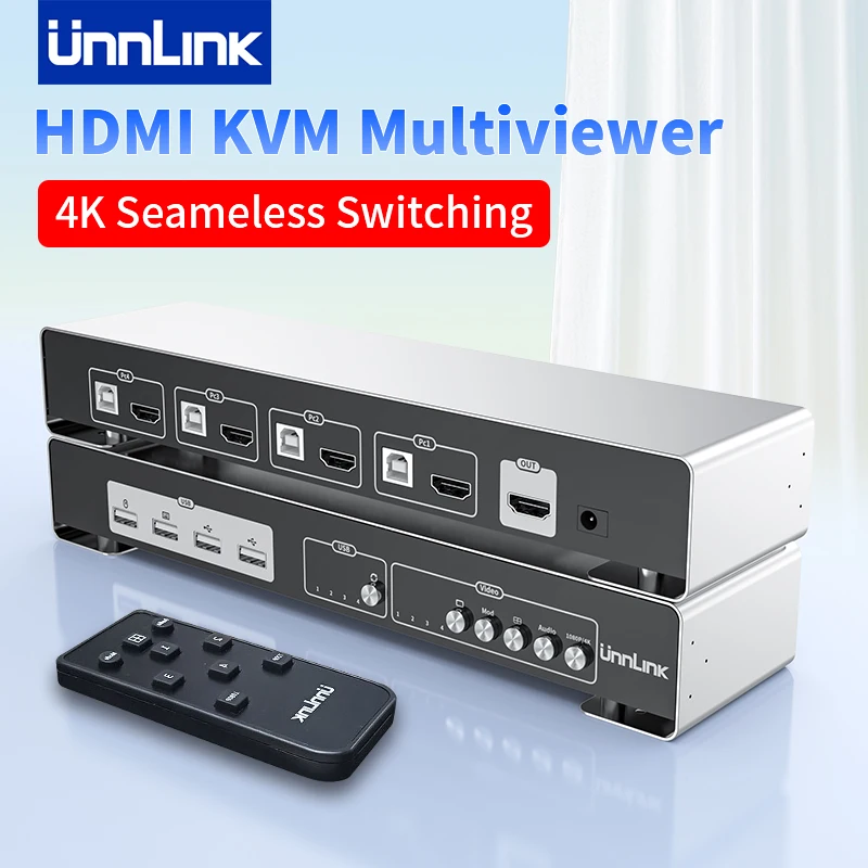 Unnlink 4K HDMI KVM Multiviewer, бесшовный переключатель с дистанционной кнопкой горячего доступа, четырехъядерный экран 4x1, мультипросмотр в режиме реального времени для камеры, ПК, телевизора