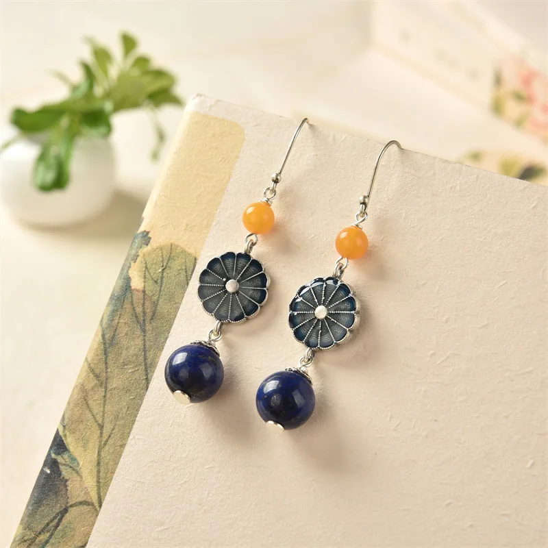 

Vintage 925 Sterling Silver Daisy Flower Drop Earrings Natural Lapis Lazuli Bee Wax Long Earrings Jewelry for Women Girls EH201