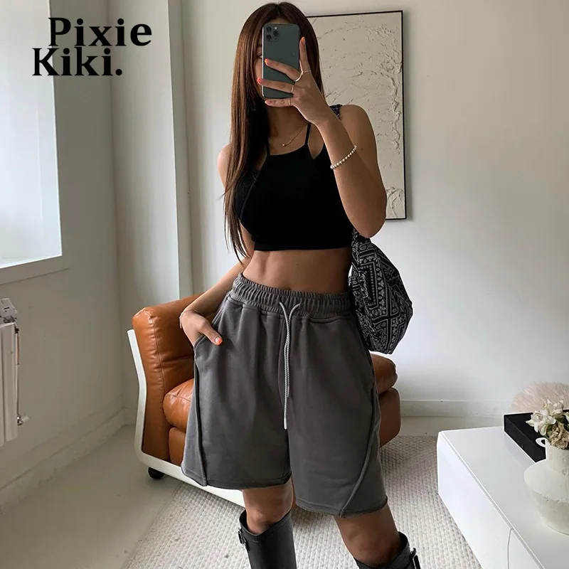 

Женские серые мешковатые шорты PixieKiki Y2k, повседневные спортивные шорты на завязках с эластичным поясом, милая Корейская одежда