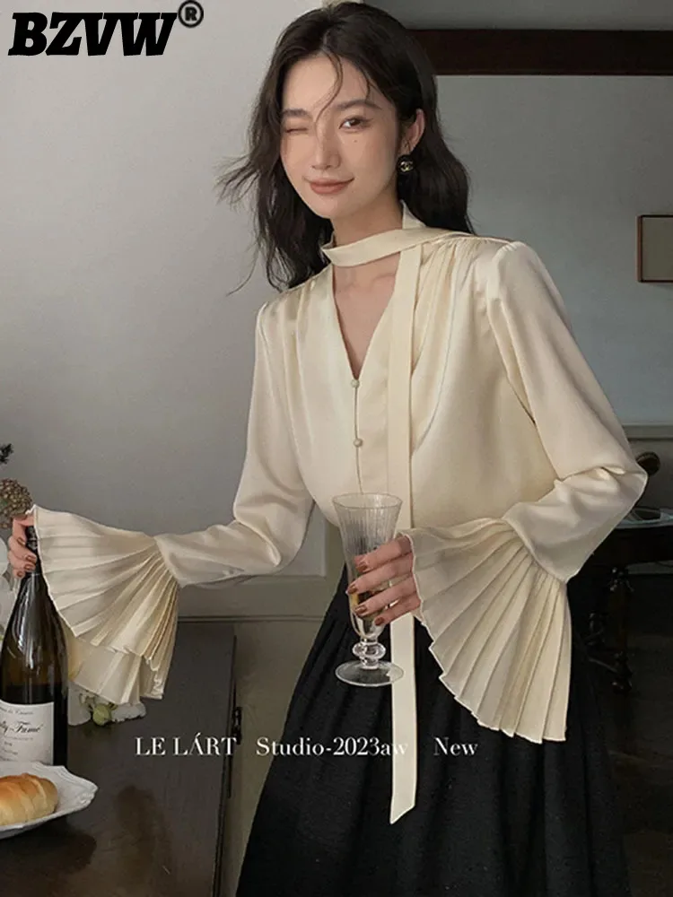 

BZVW Long Sleeve V-neck Loose Fitting Top Women 2023 Spring Autumn Temperament Elegant Pleated Flared Sleeve Ribbon Shirt Female