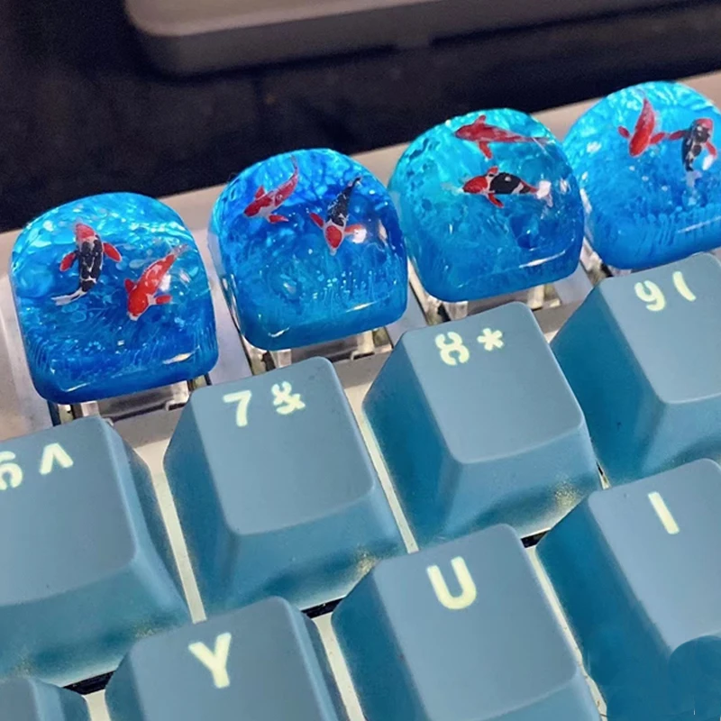 

Cherry Mx Switch Gaming Mechanical Keyboard Translucent Blue Koi Keycap Gift Handmade Custom R4 ESC Resin Keycap