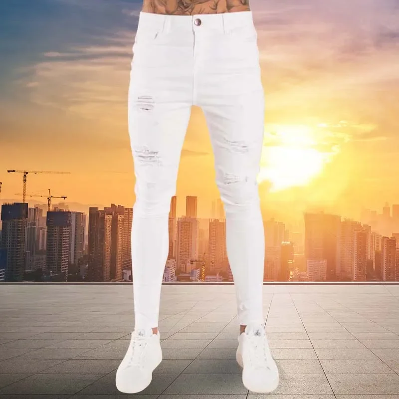 

2021 New Mens Jeans Hip Hop White Moto Skinny Ripped Pure Color Elastic Denim Pants Male Casual Waistline Jogging Pencil Pants
