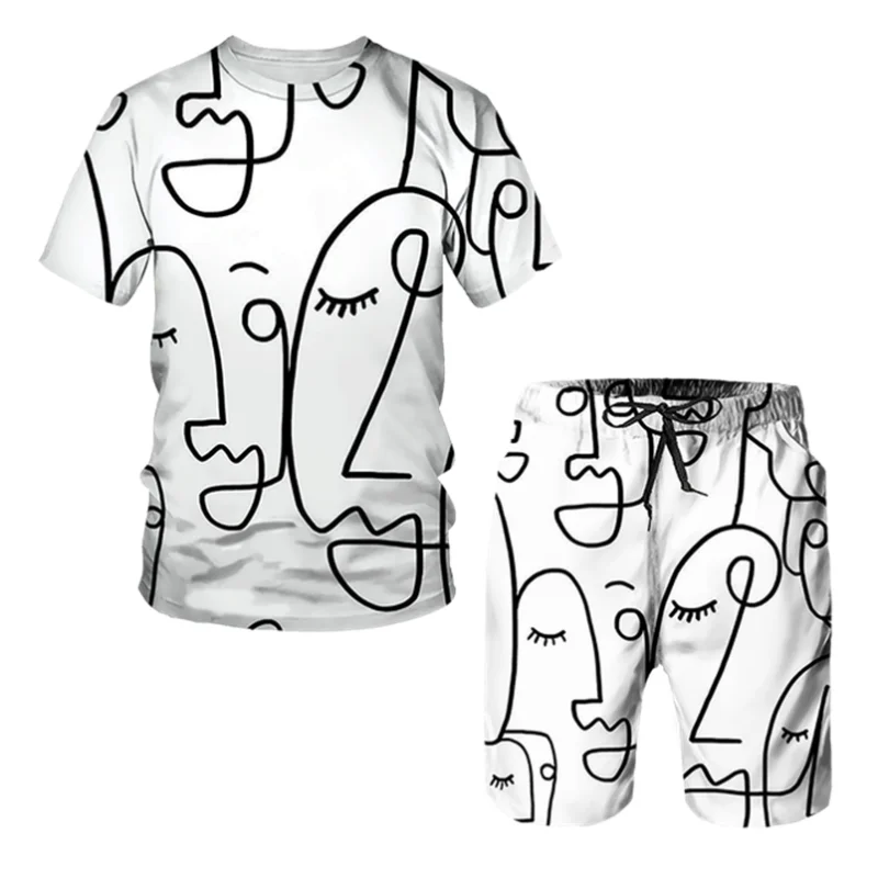 Summer Abstract Portrait Printing Men's T Shirt Loose O-neck Short Sleeve  Casual Comfortable Shorts 2 Piece Outfit Men Clothing