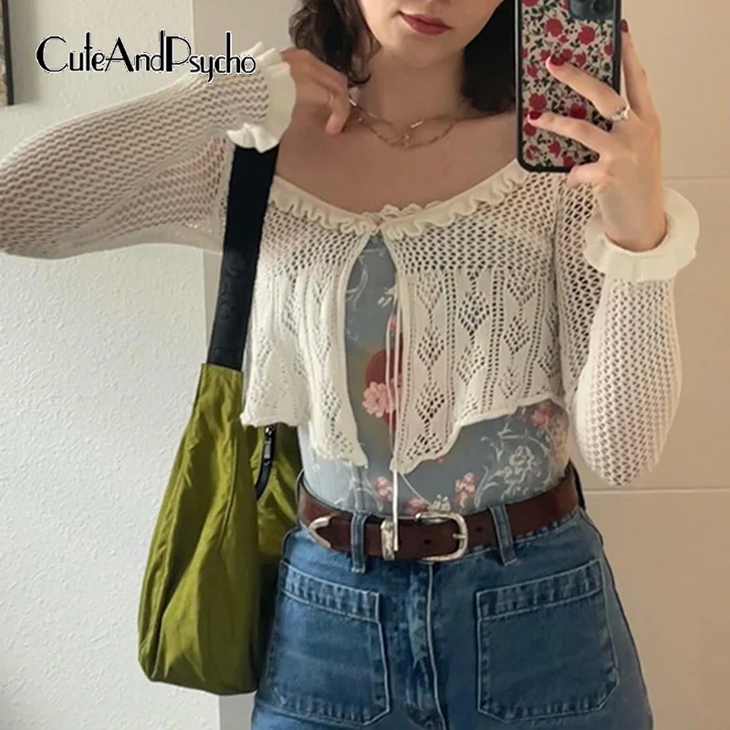 

Cuteandpsycho Aesthetic Y2K Knitted Cardigans Ruched Vintage Solid White Crop Crochet Outfits Fairycore 90s Cute Coats Korean