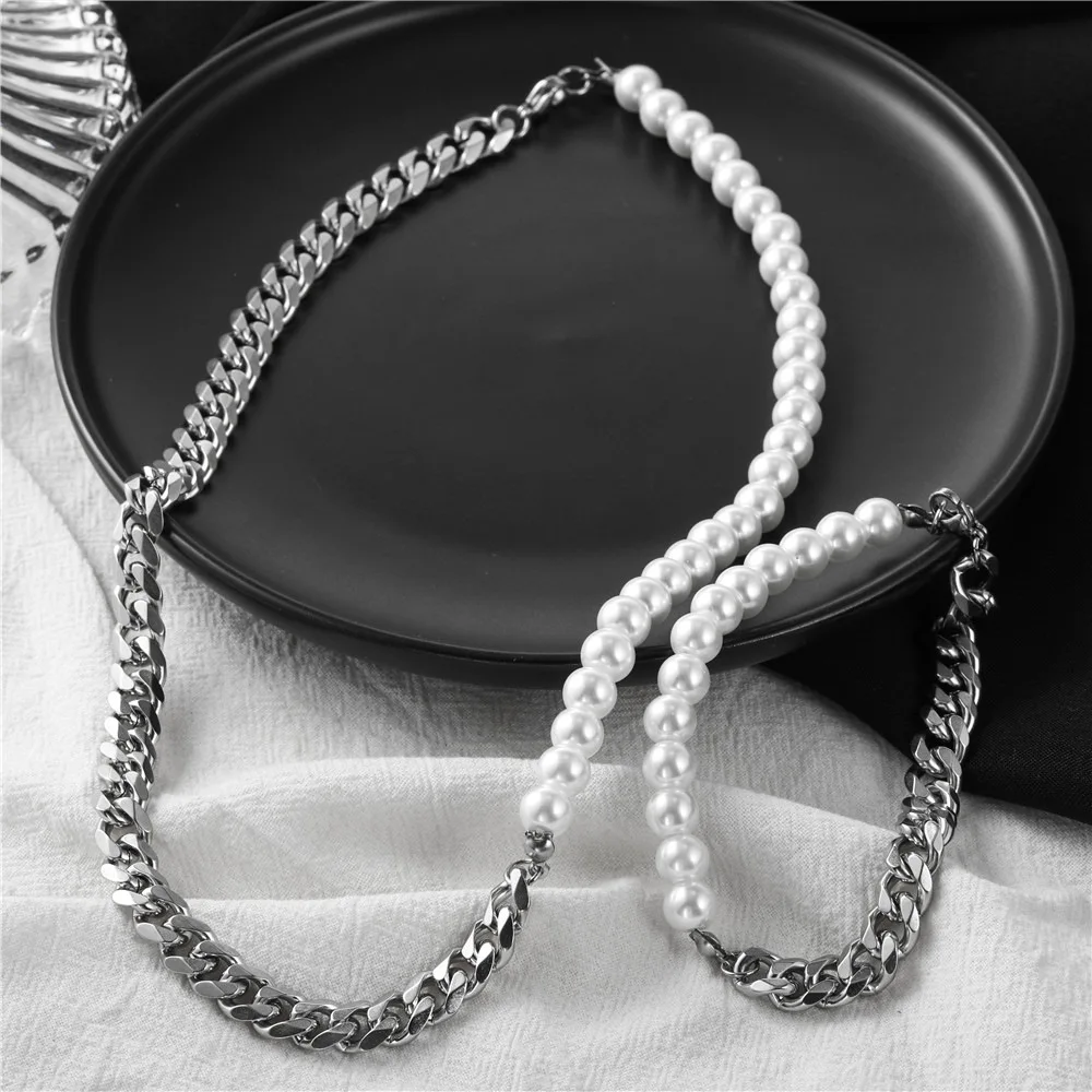 

Fashion Imitation Pearls Link Chain Necklace Luxury Stainless Steel Handmade Chain Choker Necklace For Men Women Jewelry Gift