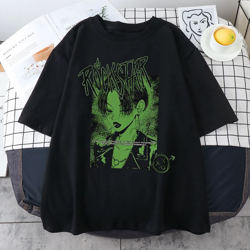 Harajuku Hip Hop Men T Shirt Aesthetic Gothic Punk Short Sleeve Cotton O-Neck Tops Oversize Women Clothes Y2k Tops