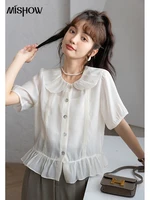 mishow 2022 summer new womens blouses peter pan collar short sleeve female french puff sleeve solid office lady tops mxb27x0201