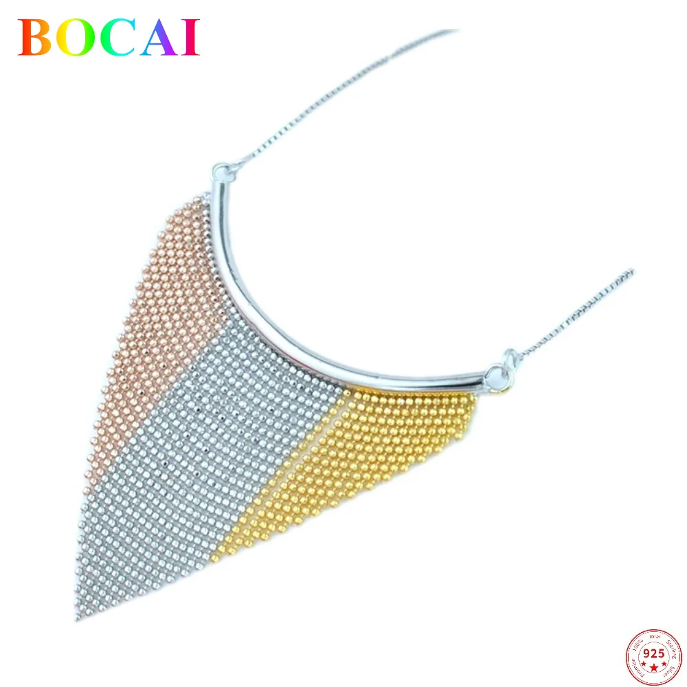 BOCAI 100% Real Sterling Silver 925 Female Necklace 18k Color Gold Pure Argentum Tassel Clavicle Neck Chain Valentine's Day Gift