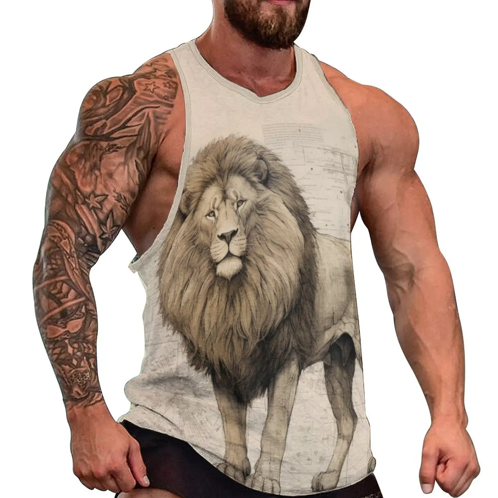

Lion Tank Top Man's High Detail Pencil Drawing Bodybuilding Oversized Tops Summer Cool Graphic Sleeveless Shirts