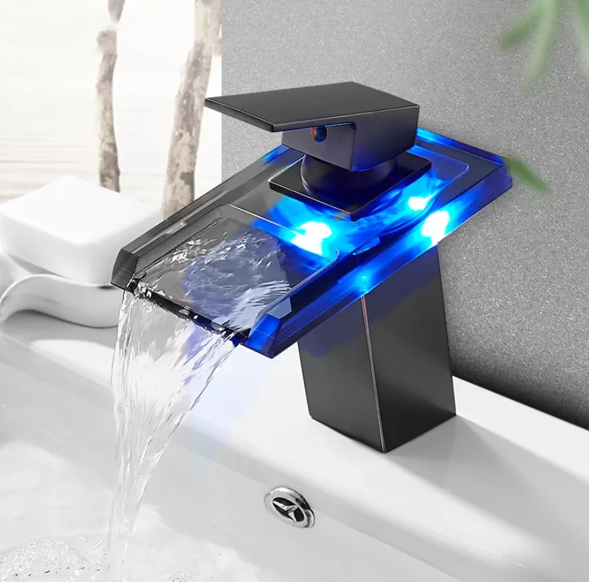 

LED Basin Faucet Luminous Waterfall Temperature Colors Change Brass Bathroom Mixer Tap Deck Mounted Wash Sink Glass Black Taps