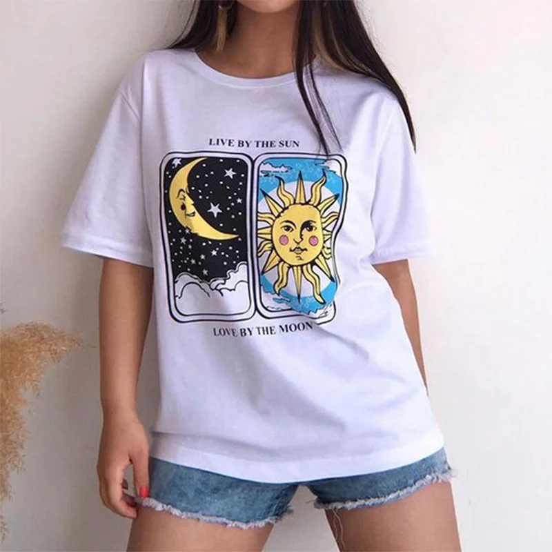 

Day Night Print Oversized Graphic Tee Streetwear Women Top New Short Sleeve Casual Fashion 2021 Summer Plus Size Woman Tshirts