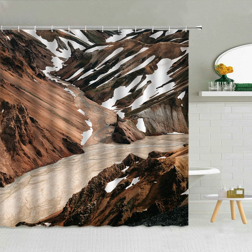 

European Winter View Shower Curtain Norway Northern Wilderness Mountains Scenery Bath Curtains Waterproof Bathroom with Hooks