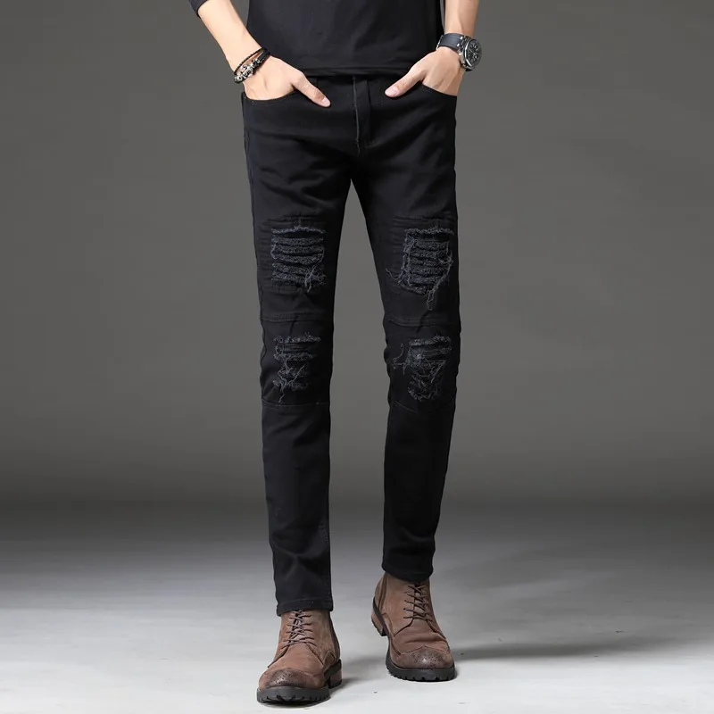 Men Pencil Pants Side Pockets Jeans Stretchy Denim Clothes Straight Overalls Slim Bikers Trousers Men's Streetwear Casual Jeans