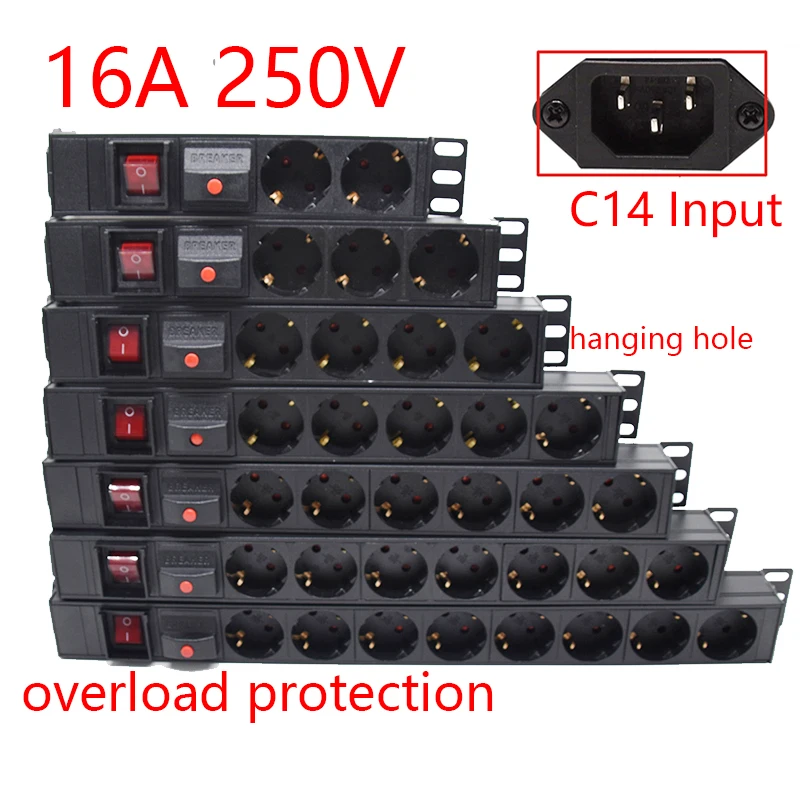 

EU German Power Strip PDU Distribution Unit 2-8 Ways Output IEC-C14 Input Interface Overload Protection Electrical sockets